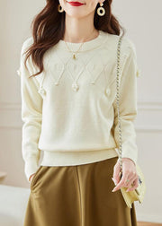 Stylish Beige O Neck Hollow Out Knit Sweater Fall