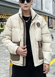 Stylish Beige Pockets Patchwork Duck Down Mens Coat Winter