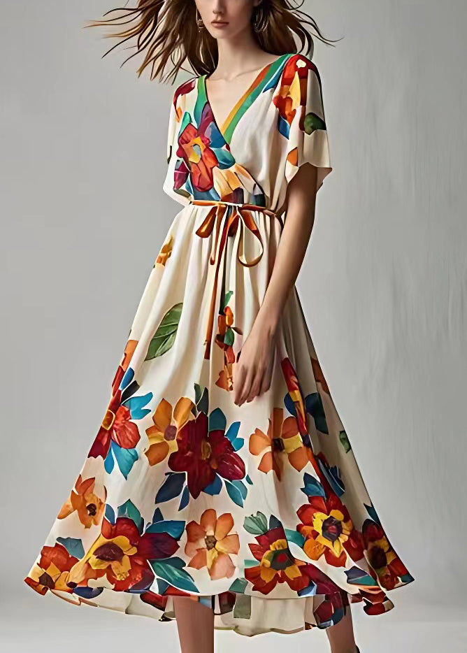 Stylish Beige Print Lace Up Cotton Maxi Dresses Summer