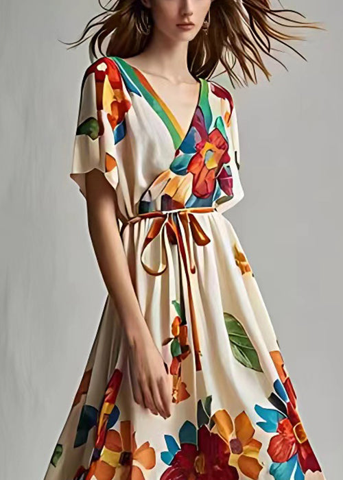 Stylish Beige Print Lace Up Cotton Maxi Dresses Summer