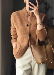 Stylish Beige Stand Collar Slim Fit Button Cashmere Cardigans Spring