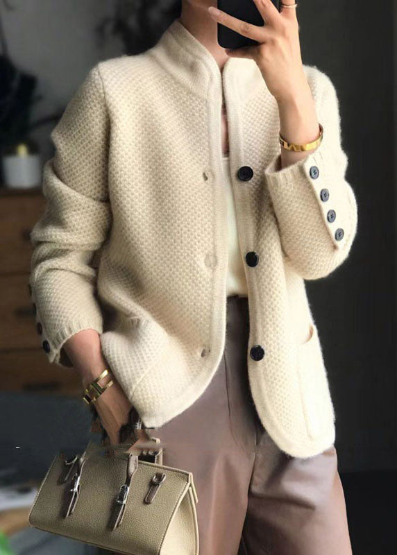 Stylish Beige Stand Collar Slim Fit Button Cashmere Cardigans Spring