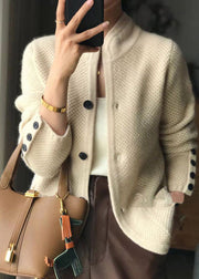 Stylish Beige Stand Collar Slim Fit Button Cashmere Cardigans Spring