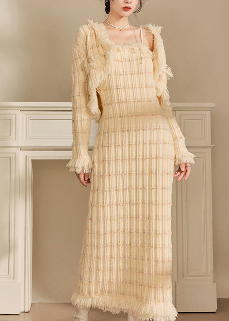 Stylish Beige Tassel Coat And Dress Knit Two Pieces Set Winter