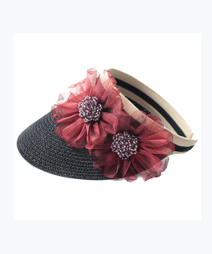 Stylish Beige Tulle Flower Empty Top Sunshade Hat Summer