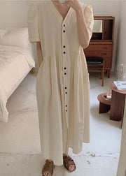 Stylish Beige V Neck Patchwork Wrinkled Cotton Dresses Puff Sleeve