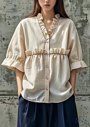 Stylish Beige V Neck Ruffled Patchwork Top Half Sleeve