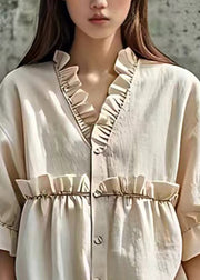 Stylish Beige V Neck Ruffled Patchwork Top Half Sleeve