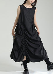 Stylish Black Asymmetrical Cinched Patchwork Cotton Dress Sleeveless