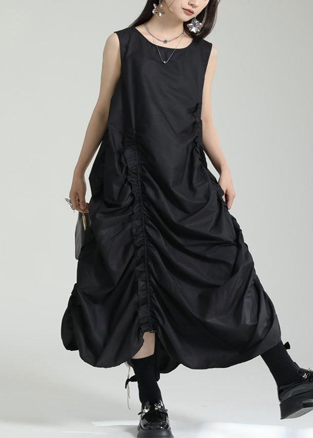 Stylish Black Asymmetrical Cinched Patchwork Cotton Dress Sleeveless