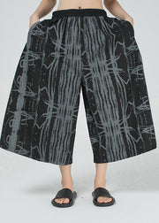 Stylish Black Asymmetrical Design Print Cotton Crop Pants Spring