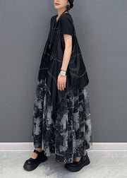 Stylish Black Asymmetrical Patchwork Exra Large Hem Chiffon Strap Dress Summer