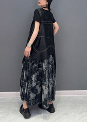 Stylish Black Asymmetrical Patchwork Exra Large Hem Chiffon Strap Dress Summer