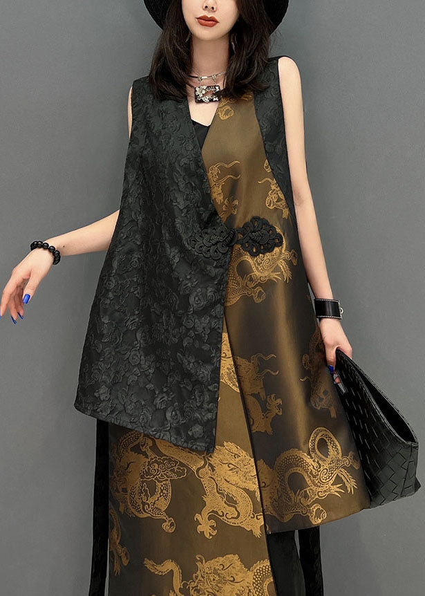 Stylish Black Asymmetrical Patchwork Jacquard Silk Chinese Style Vests Sleeveless