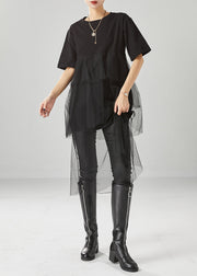 Stylish Black Asymmetrical Patchwork Tulle Cotton Dresses Summer