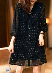 Stylish Black Bow Print Patchwork Chiffon Mid Dress Summer