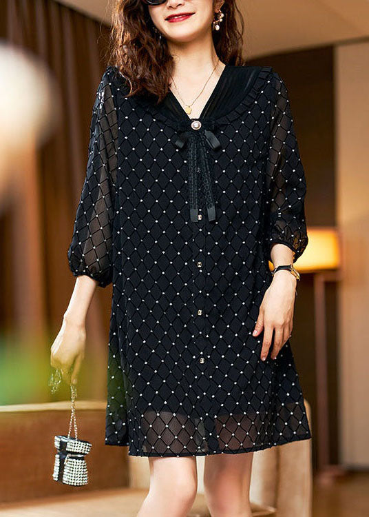 Stylish Black Bow Print Patchwork Chiffon Mid Dress Summer