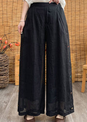 Stylish Black Elastic Waist Button Solid Linen Wide Leg Pants Summer