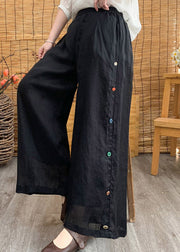 Stylish Black Elastic Waist Button Solid Linen Wide Leg Pants Summer