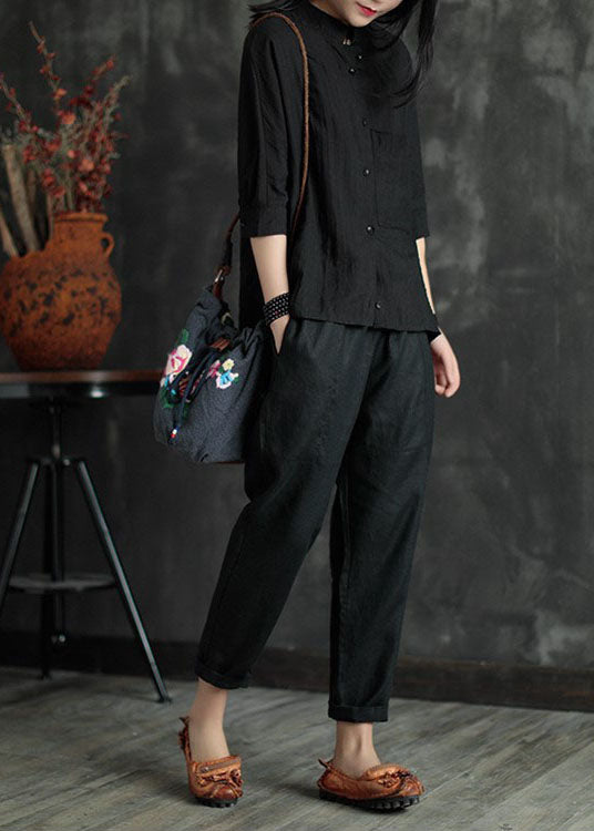 Stylish Black Elastic Waist Pockets Linen Harem Pants Summer