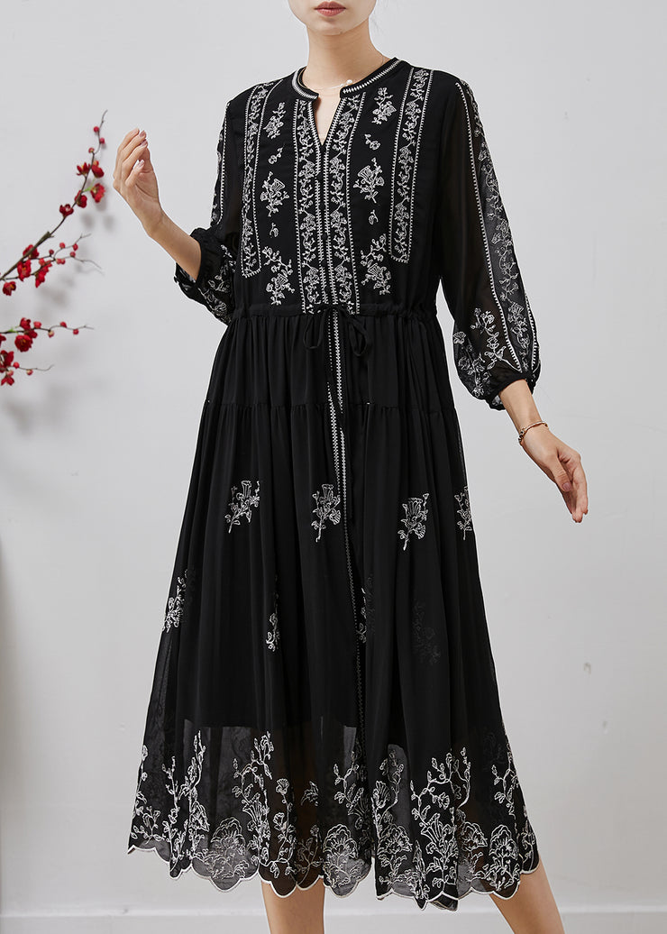 Stylish Black Embroidered Chiffon Cinched Dresses Summer