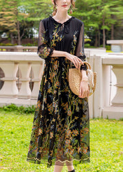 Stylish Black Embroideried Hollow Out Silk Maxi Dresses Summer