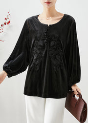 Stylish Black Embroideried Oversized Silk Velour Blouse Top Fall