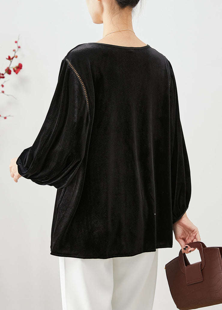 Stylish Black Embroideried Oversized Silk Velour Blouse Top Fall