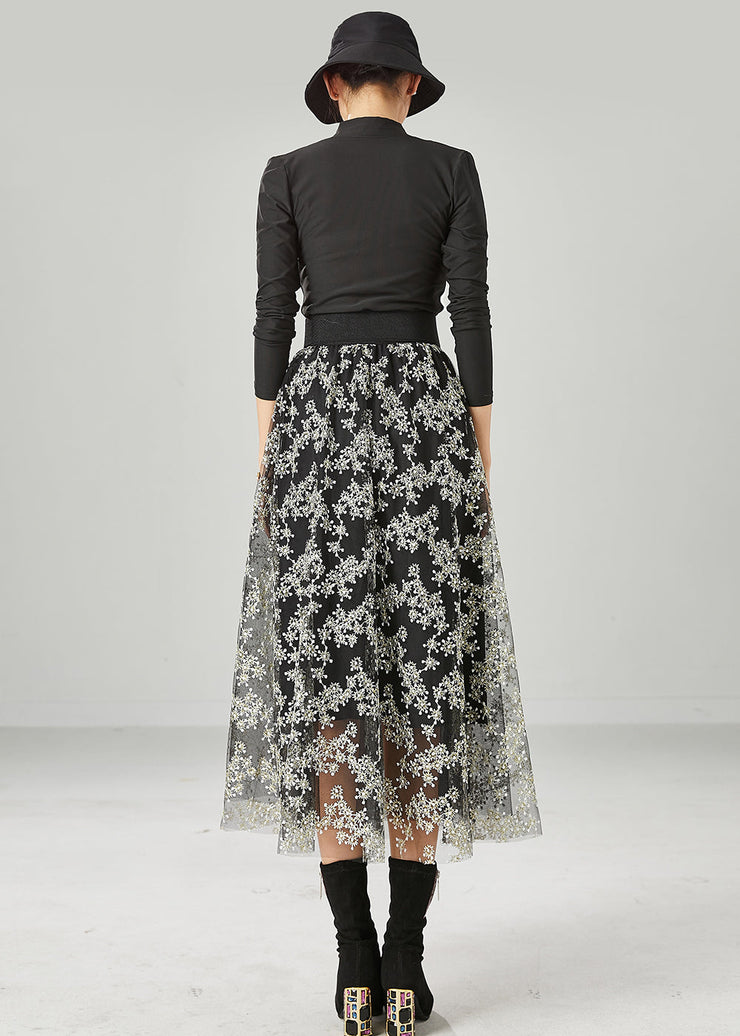 Stylish Black Embroideried Tulle Skirt Summer