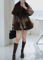 Stylish Black Fur Collar Patchwork Leather And Fur Coats Winter