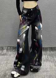 Stylish Black Graffiti High Waist Denim Wide Leg Pants Fall