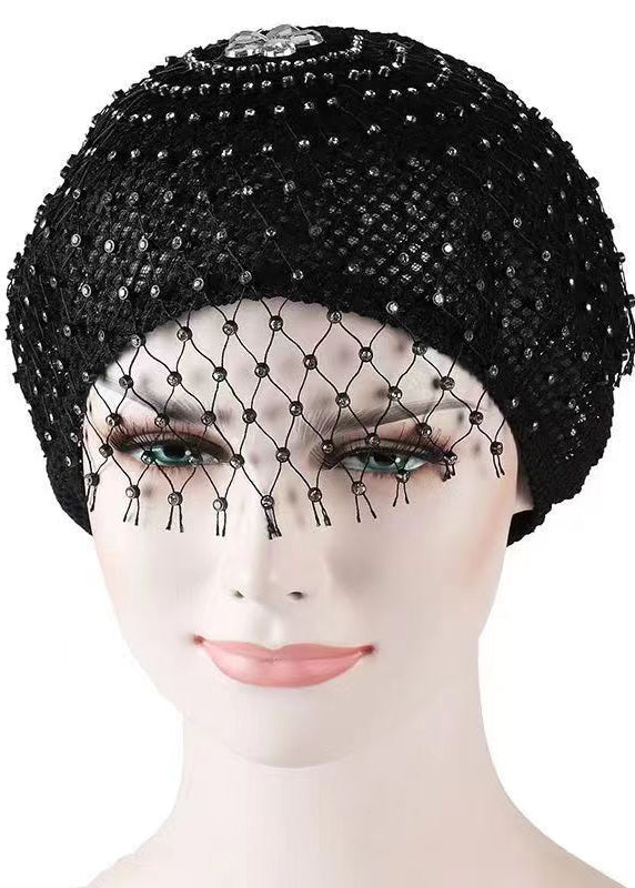 Stylish Black Hollow Out Organza Zircon Beret Hat