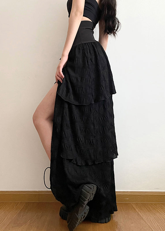 Stylish Black Lace Up Side Open Cotton Skirt Summer