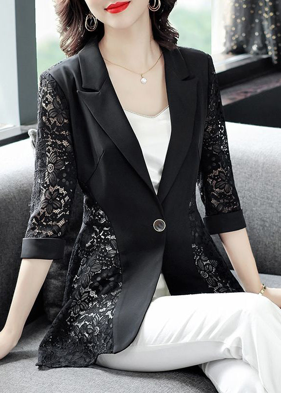 Stylish Black Notched Collar Lace Patchwork Hollow Out Spandex Coats Summer