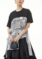 Stylish Black O-Neck Asymmetrical Print Tops Summer