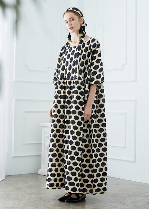 Stylish Black O Neck Dot Patchwork Cotton Robe Dresses Summer