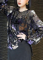 Stylish Black O Neck Jacquard Silk Velour Shirt Tops Fall