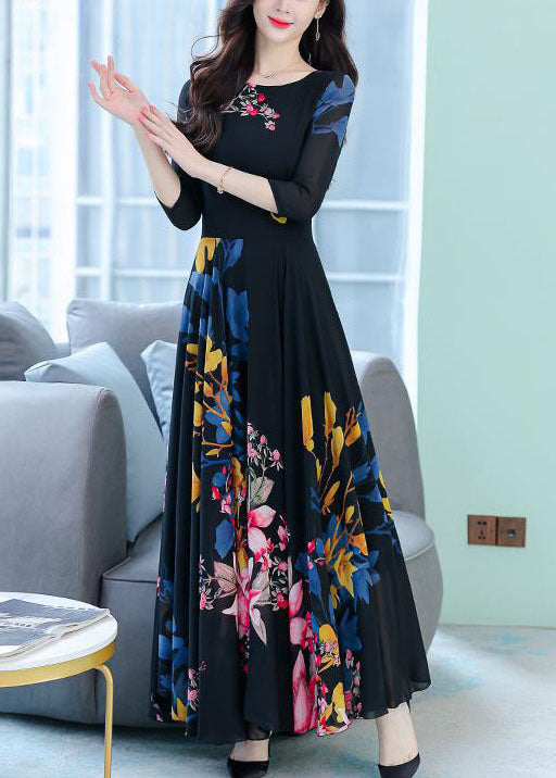 Stylish Black O-Neck Print Exra Large Hem Chiffon Dresses Half Sleeve