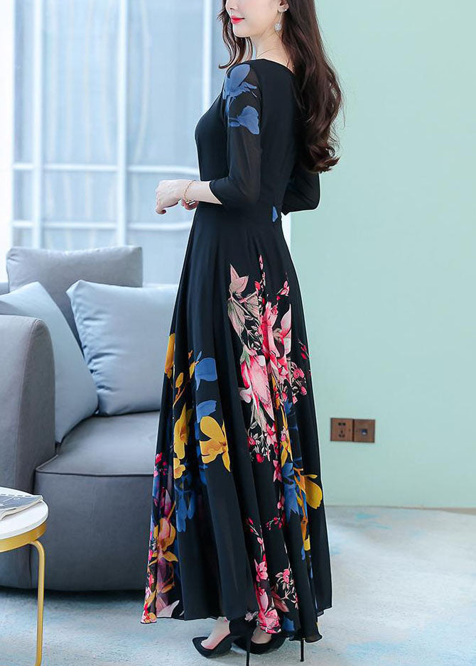 Stylish Black O-Neck Print Exra Large Hem Chiffon Dresses Half Sleeve