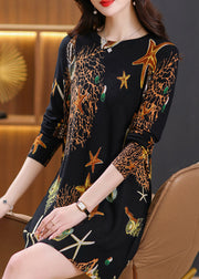 Stylish Black O Neck Print Woolen Mid Sweater Dress Spring