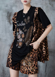 Stylish Black Oversized Butterfly Patchwork Leopard Chiffon Two Pieces Set Summer