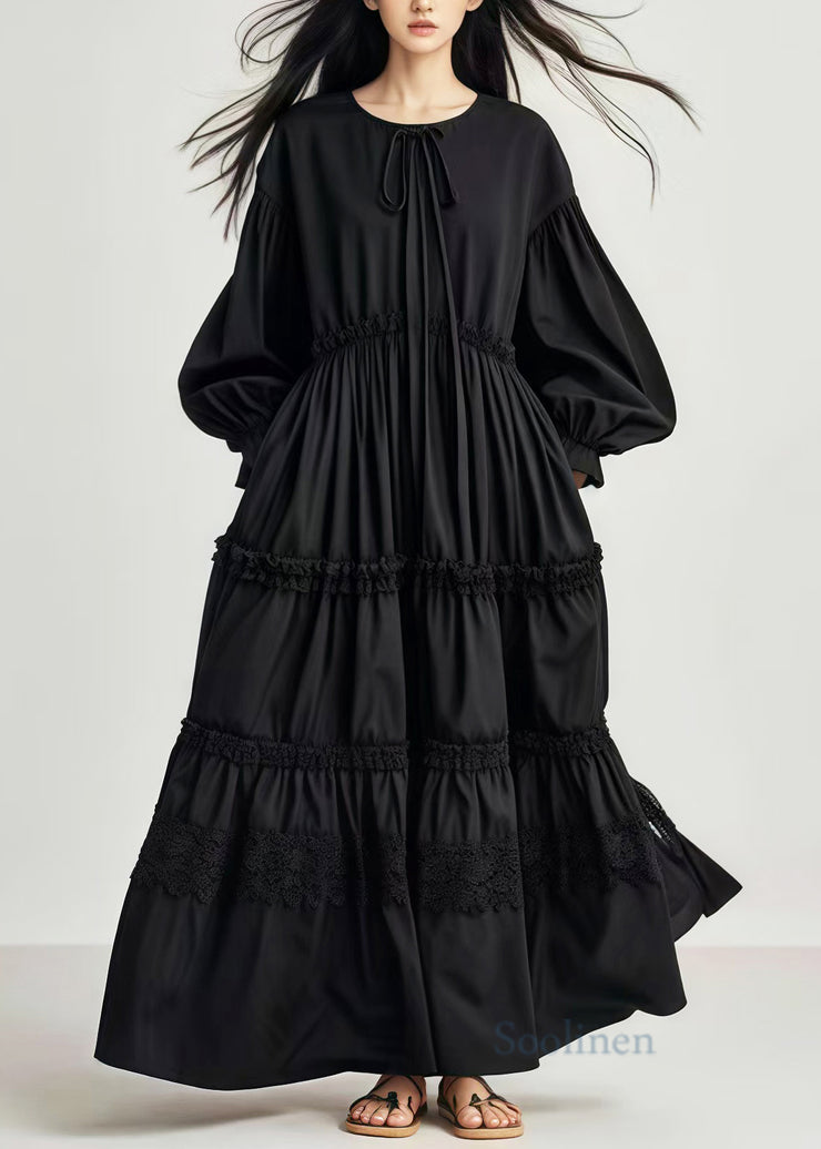 Stylish Black Oversized Cotton Long Dresses Lantern Sleeve