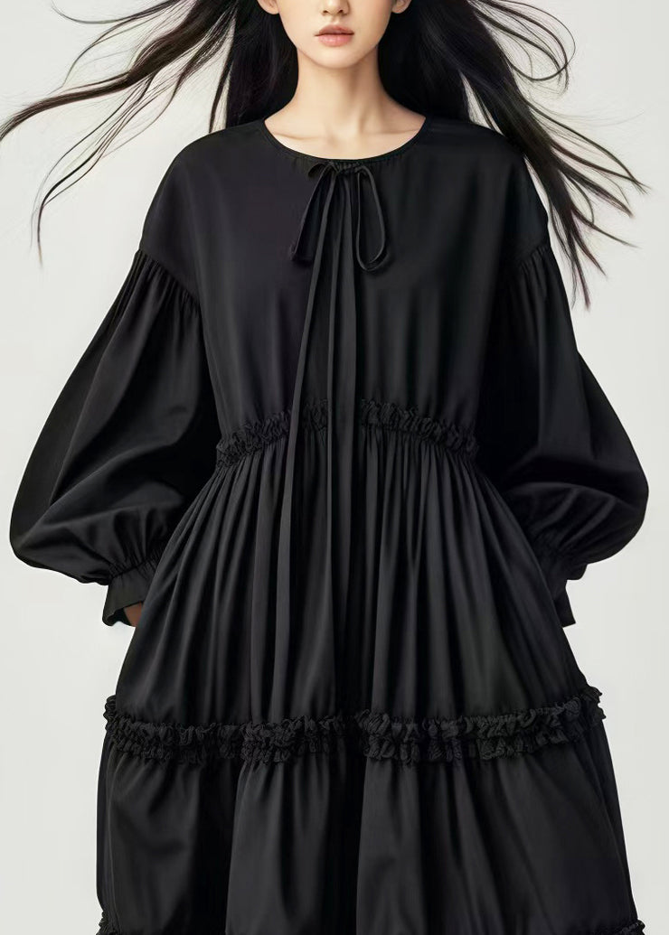 Stylish Black Oversized Cotton Long Dresses Lantern Sleeve