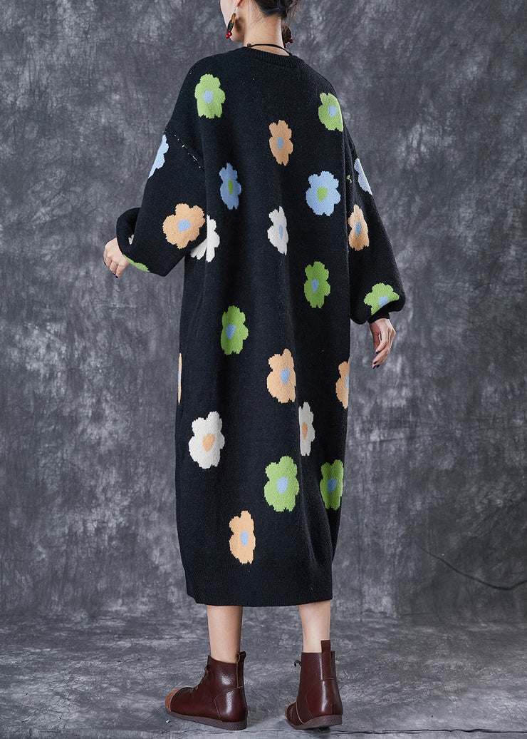 Stylish Black Oversized Floral Knit Long Dress Fall