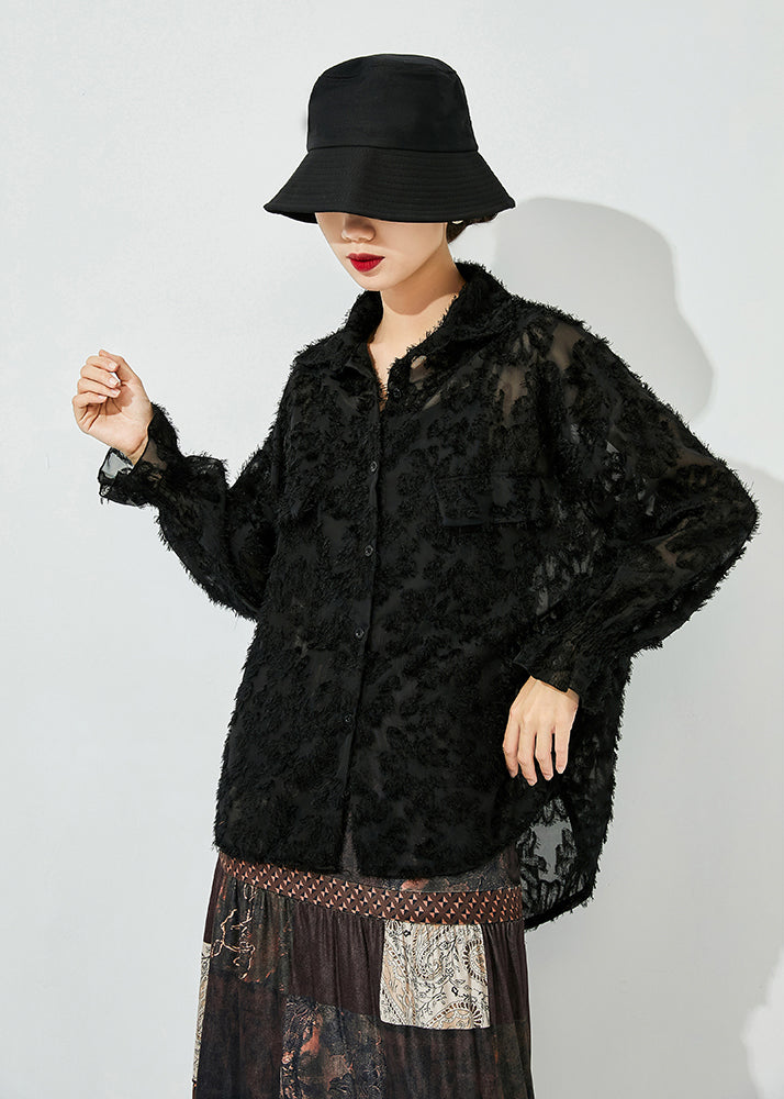 Stylish Black Oversized Jacquar Hollow Out Lace Shirt Top Spring