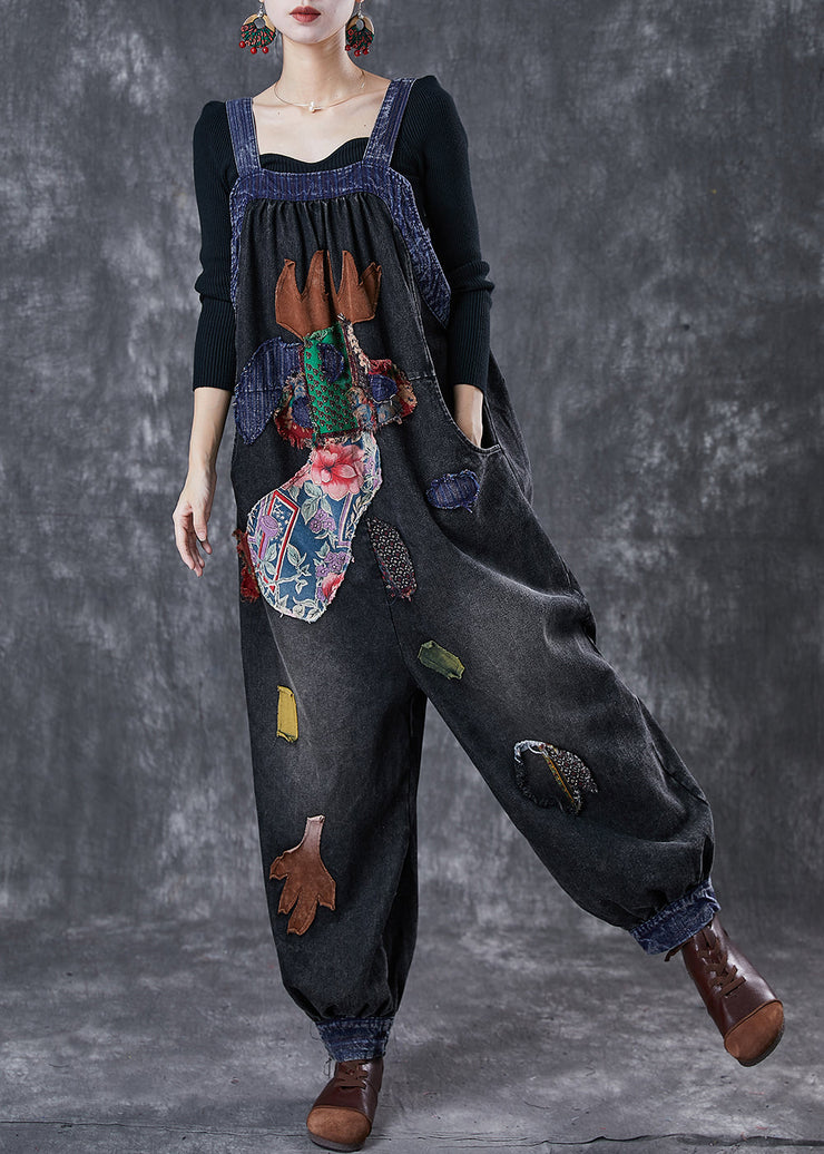 Stylish Black Oversized Patchwork Applique Denim Overalls Jumpsuit Spring