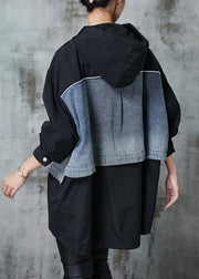 Stylish Black Oversized Patchwork Drawstring Cotton Coat Spring