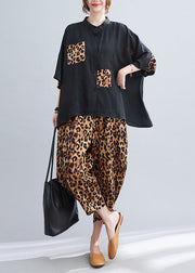 Stylish Black Oversized Patchwork Leopard Two Pieces Set Summer