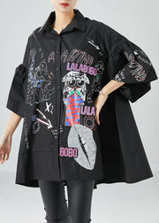 Stylish Black Oversized Patchwork Print Cotton Shirt Top Puff Sleeve