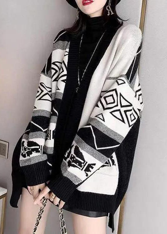 Stylish Black Oversized Patchwork Print Knit Loose Cardigans Winter